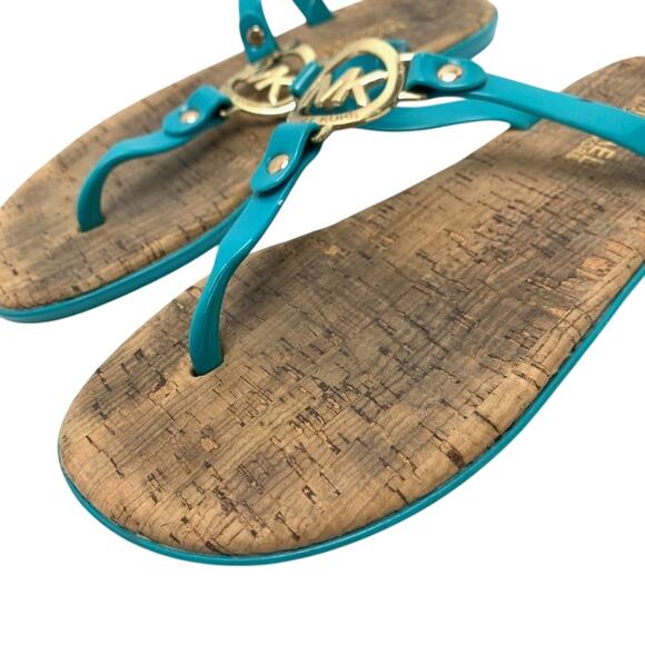 Michael Kors Teal Blue Gold Logo Thongs Sandals Flip Flops Shoes Flats sz 6 - Picture 9 of 16